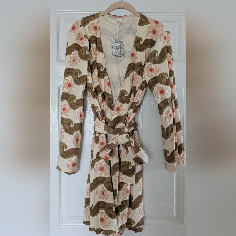 NWT Sz XS/S Kate Quinn Womens Basic Robe Neutral Ocean Sun Cotton Waves Bathrobe